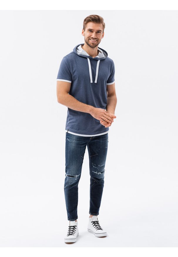 Niebieski t-shirt Ombre Clothing melanż, z kapturem