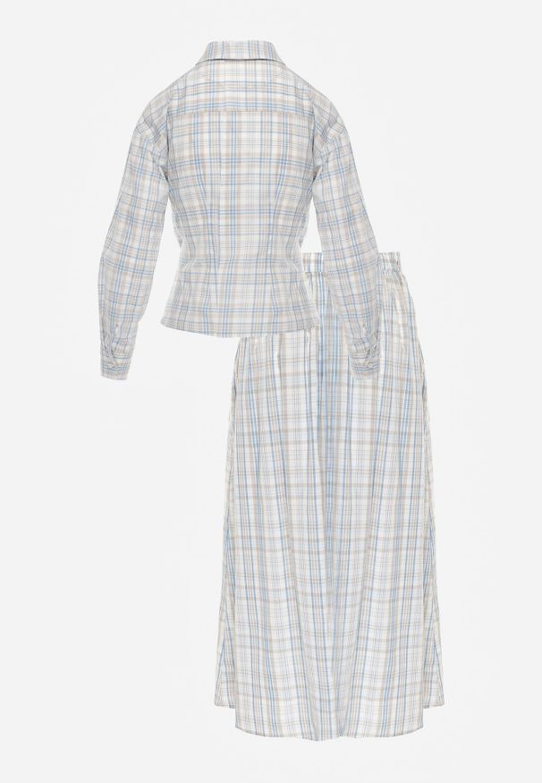 Renee - Niebieski Bawełniany Komplet w Kratę Rozkloszowana Spódnica i Bluzka z Wiązaniem Allisa. Kolor: niebieski. Materiał: bawełna. Wzór: kratka