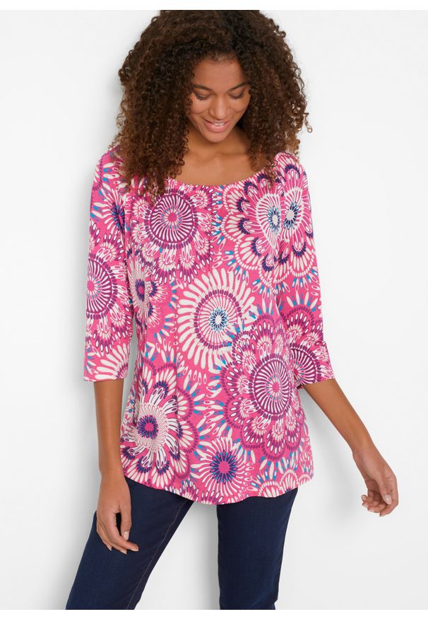 bonprix - Shirt bawełniany z rękawem 3/4. Kolor: różowy. Materiał: bawełna. Wzór: nadruk