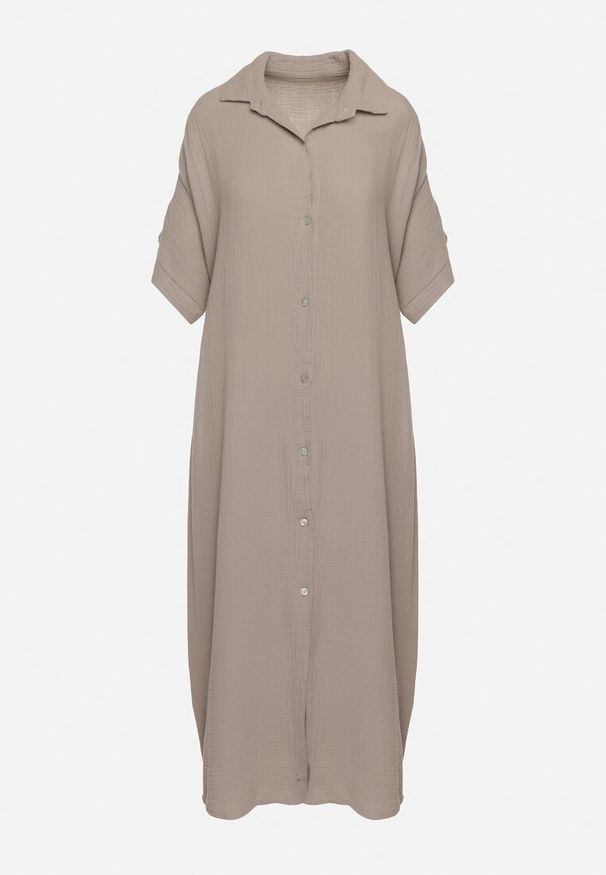 Born2be - Ciemnobeżowa Bawełniana Sukienka Muślinowa o Pudełkowym Kroju Vimarille. Kolor: beżowy. Materiał: bawełna. Typ sukienki: proste