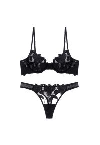 Intica - Komplet bielizny z kwiatowym haftem na specjalne okazje Flossy. Kolor: czarny. Materiał: materiał. Wzór: kwiaty, haft