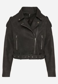 Born2be - Czarna Kurtka Ramoneska z Ozdobnym Paskiem Sesanoria. Okazja: na co dzień. Kolor: czarny. Materiał: jeans. Długość rękawa: długi rękaw. Długość: krótkie. Styl: casual, rockowy, elegancki #4