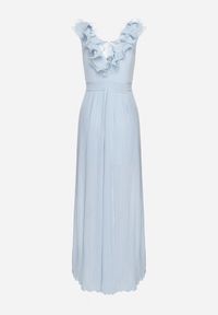 Born2be - Niebieski Plisowany Kombinezon Koktajlowy Ozdobiony Falbanami z Szerokimi Nogawkami Frelfrea. Kolor: niebieski. Materiał: materiał. Wzór: aplikacja. Styl: wizytowy #6