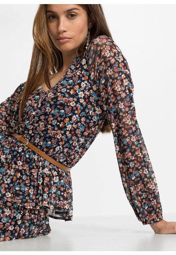 bonprix - Sukienka mini z siatkowego materiału. Kolor: czarny. Materiał: materiał. Wzór: kwiaty. Długość: mini