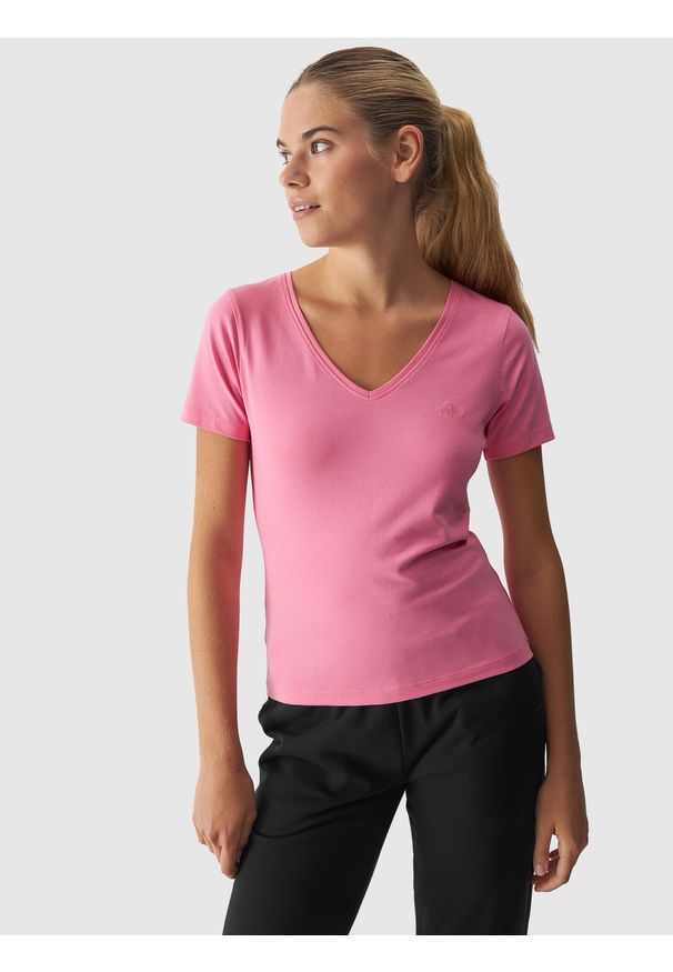 4f - 4F T-shirt slim gładki damski - różowy XL. Okazja: na co dzień. Typ kołnierza: dekolt w serek. Kolor: różowy. Materiał: skóra, jersey, elastan, dzianina, bawełna, materiał. Długość rękawa: krótki rękaw. Długość: krótkie. Wzór: gładki. Styl: sportowy, klasyczny, casual