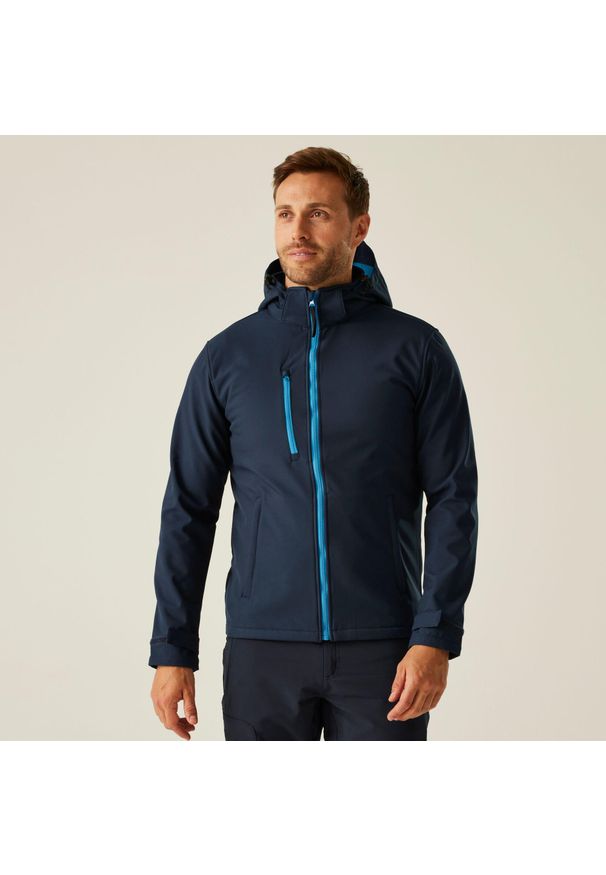 Regatta - Męska 3-warstwowa kurtka softshell z kapturem Venturer z nadrukiem. Typ kołnierza: kaptur. Kolor: niebieski. Materiał: softshell. Wzór: nadruk. Sezon: zima. Sport: turystyka piesza