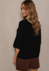 Renee - Czarny Kardigan z Rękawem 3/4 z Dodatkiem Wełny Iffarisse. Okazja: na spotkanie biznesowe, na co dzień. Kolor: czarny. Materiał: wełna. Styl: casual, elegancki, biznesowy