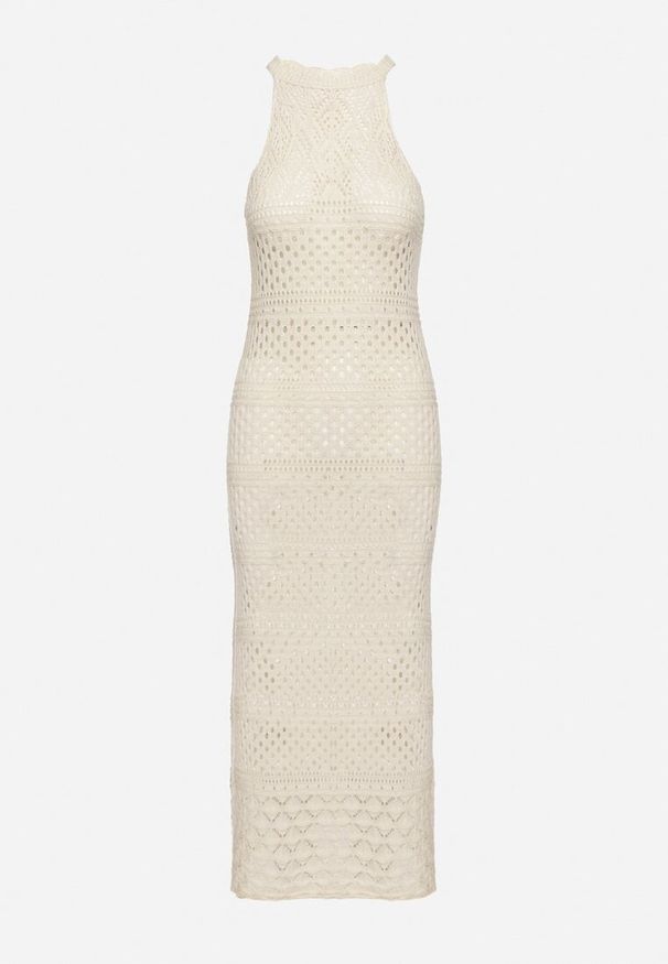 Born2be - Beżowa Sukienka o Taliowanym Kroju z Ażurowej Dzianiny Tiamisse. Kolor: beżowy. Materiał: dzianina. Wzór: ażurowy. Sezon: lato. Typ sukienki: oversize. Styl: elegancki