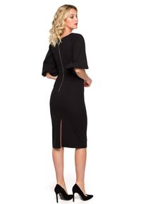 Makover - Elegancka sukienka ołówkowa z dekoltem V i bufiastymi rękawami czarna. Okazja: na randkę. Kolor: czarny. Typ sukienki: ołówkowe. Styl: elegancki #4