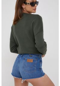 Wrangler szorty jeansowe damskie kolor granatowy gładkie high waist. Stan: podwyższony. Kolor: niebieski. Materiał: jeans. Wzór: gładki. Styl: klasyczny
