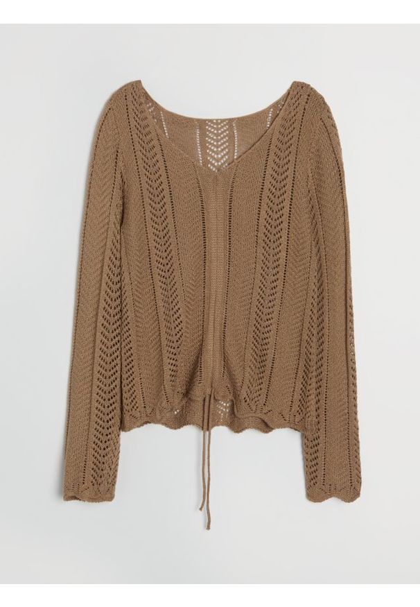 Sinsay - Ażurowy sweter ze ściągaczem - brązowy. Kolor: brązowy. Wzór: ażurowy