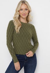 Born2be - Zielony Klasyczny Sweter z Tłoczonym Zdobieniem Nainea. Okazja: na co dzień. Kolor: zielony. Wzór: aplikacja. Styl: klasyczny #1