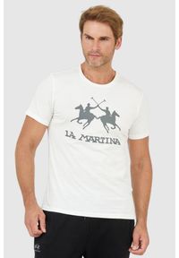 La Martina - LA MARTINA Biały t-shirt męski z szarym logo. Kolor: biały. Materiał: prążkowany, jersey. Wzór: nadruk