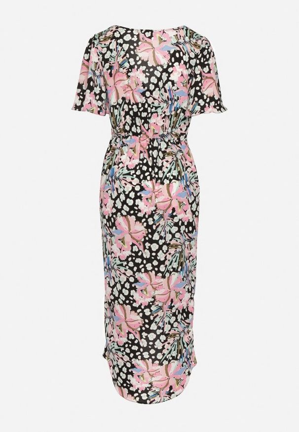 Born2be - Czarno-Różowa Kopertowa Sukienka w Kwiaty z Trójkątnym Dekoltem z Gumką w Pasie Weana. Okazja: na co dzień. Kolor: czarny. Materiał: jeans. Długość rękawa: krótki rękaw. Wzór: kwiaty. Sezon: lato. Typ sukienki: kopertowe. Styl: casual, elegancki