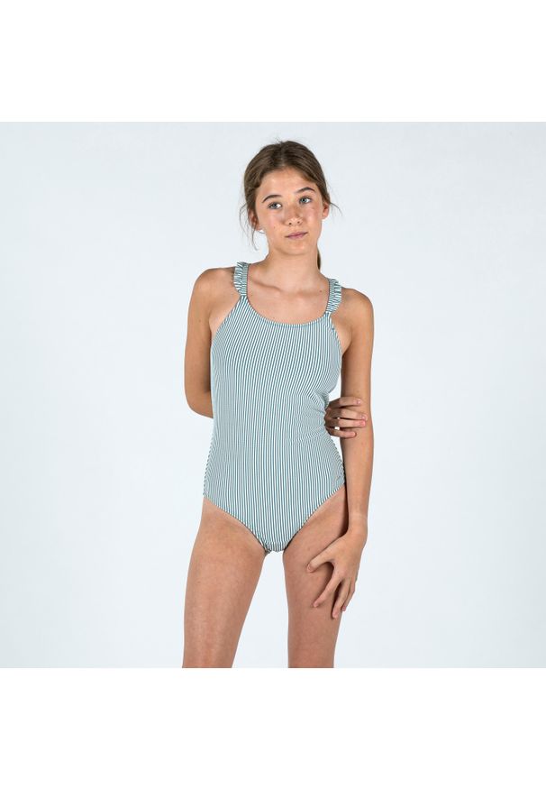 Decathlon - Strój jednoczęściowy pływacki dla dzieci Nabaiji Lila Lanzarote. Kolor: zielony. Materiał: poliester, poliamid, materiał, elastan. Wzór: paski