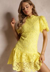 Renee - Żółta Sukienka z Koronkowym Haftem Paisley i Bufiastymi Rękawami Briena. Kolor: żółty. Materiał: koronka. Wzór: paisley, haft #1