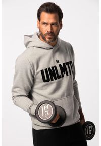 JAY-PI - Męska Bluza z kapturem fitness dzianina dresowa kaptur nadruk flokowany. Typ kołnierza: kaptur. Kolekcja: plus size. Kolor: szary. Materiał: wiskoza, materiał, bawełna. Wzór: nadruk. Sport: fitness