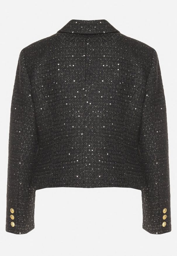 Born2be - Czarna Dwurzędowa Marynarka Taliowana w Tweedowym Stylu z Imitacją Kieszeni Liolia. Okazja: na co dzień. Kolor: czarny. Styl: elegancki, casual