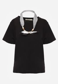 Born2be - Czarny T-shirt z Bawełny w Klasycznym Stylu z Apaszką Bluestel. Okazja: do pracy, na co dzień, na spotkanie biznesowe. Kolor: czarny. Materiał: bawełna. Długość: długie. Styl: klasyczny #4