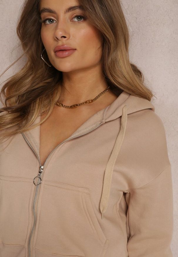 Renee - Beżowa Bluza Zasuwana z Kapturem Bikatu. Typ kołnierza: kaptur. Kolor: beżowy. Materiał: wiskoza, tkanina, polar. Długość: krótkie. Styl: sportowy