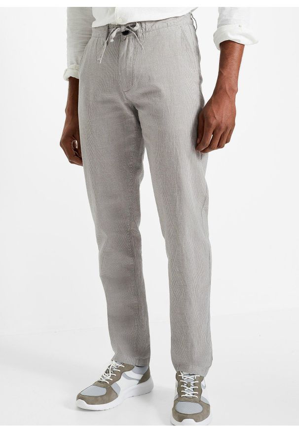 bonprix - Spodnie chino Regular Fit Straight, z gumką w talii, z materiału z domieszką lnu. Kolor: szary. Materiał: len, materiał