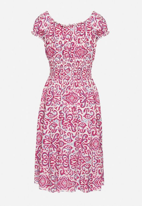 Born2be - Różowa Sukienka z Bawełny w Ornamentalny Wzór z Gumką w Pasie Natirissa. Okazja: na co dzień. Kolor: różowy. Materiał: bawełna. Długość rękawa: krótki rękaw. Sezon: lato. Typ sukienki: proste. Styl: elegancki, casual
