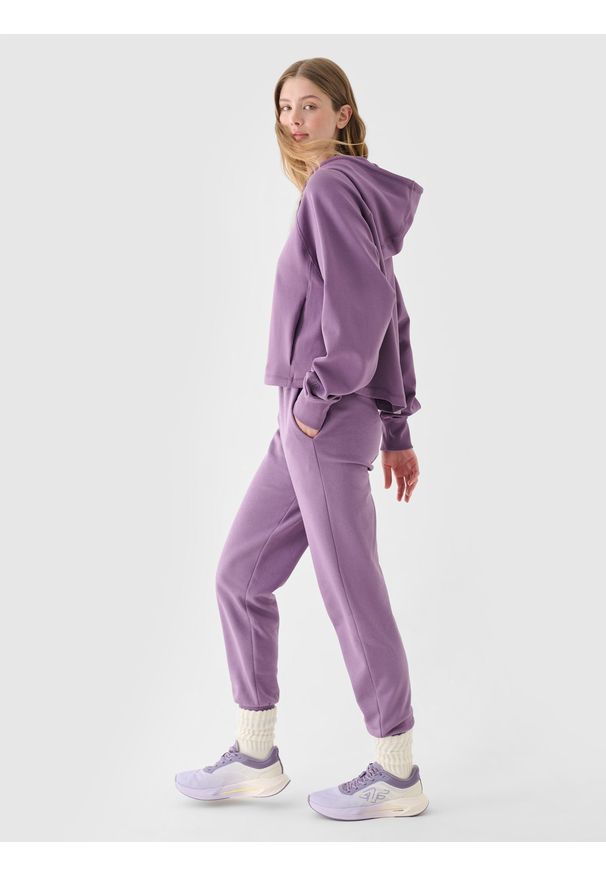 4f - 4F Bluza dresowa nierozpinana z kapturem damska - fioletowa XXL. Okazja: na co dzień. Typ kołnierza: kaptur. Kolor: fioletowy. Materiał: dresówka. Długość rękawa: raglanowy rękaw. Wzór: gładki, ze splotem. Styl: casual, sportowy. Sport: fitness