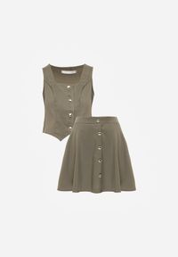 Renee - Zielony Komplet z Kamizelką i Rozkloszowaną Spódnicą z Eleganckimi Guzikami Jenane. Kolor: zielony #2