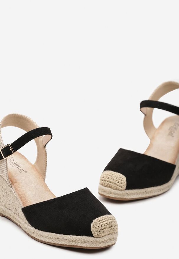 Born2be - Czarne Sandały Espadryle na Koturnie z Plecionką z Juty i Sprzączką Tulliata. Zapięcie: sprzączka. Kolor: czarny. Sezon: lato. Obcas: na koturnie. Styl: wakacyjny