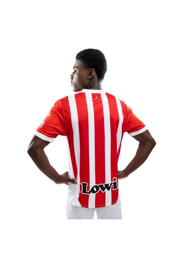 Oficjalna koszulka piłkarska Puma Real Sporting dla dorosłych sezon 2024-25 sp. Kolor: czerwony, biały, wielokolorowy. Wzór: kolorowy, paski. Sport: piłka nożna