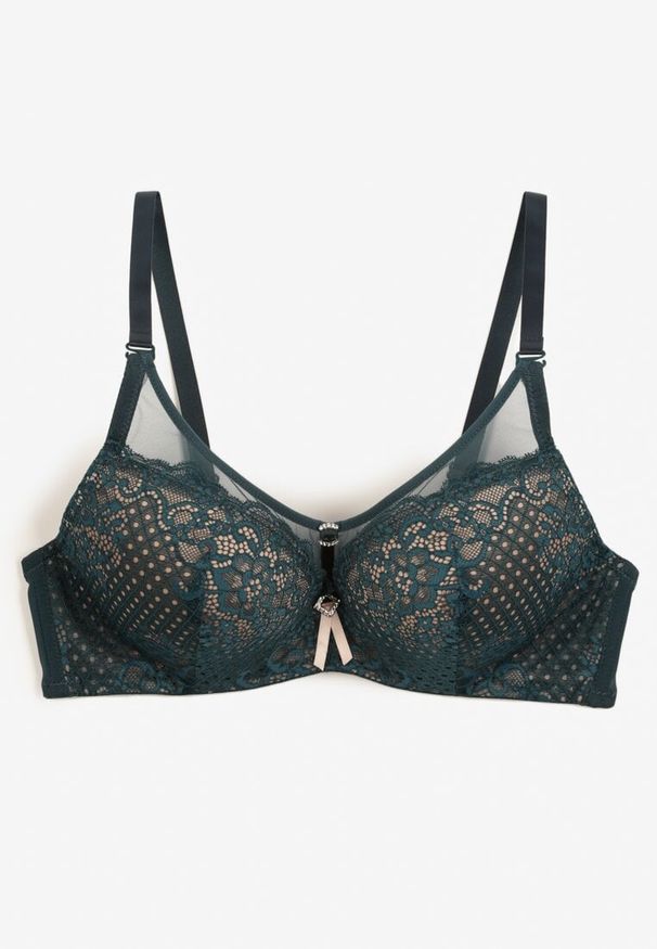 Renee - Ciemnozielony Biustonosz Push-Up z Koronki Ozdobiony Metalową Aplikacją Arissta. Kolor: zielony. Materiał: koronka. Rodzaj stanika: push-up. Wzór: aplikacja, koronka