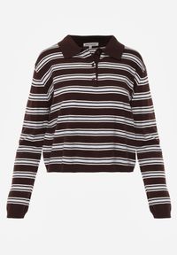 Born2be - Brązowy Sweter w Paski z Kołnierzykiem z Wiskozą Minkalia. Okazja: na co dzień. Kolor: brązowy. Materiał: wiskoza. Wzór: paski. Styl: casual, klasyczny #6