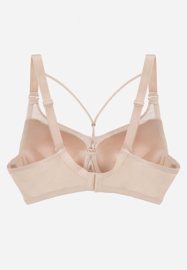 Renee - Jasnobeżowy Biustonosz z Siateczkową Wstawką i Ozdobnymi Paskami przy Dekolcie Sabesa. Kolor: beżowy. Materiał: jeans. Wzór: paski