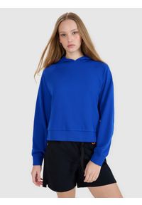 4f - 4F Bluza dresowa nierozpinana z kapturem damska - niebieska XXL. Okazja: na co dzień. Typ kołnierza: kaptur. Kolor: niebieski. Materiał: dresówka. Długość rękawa: raglanowy rękaw. Wzór: nadruk, gładki, napisy, haft, ze splotem. Styl: casual, klasyczny, sportowy #1