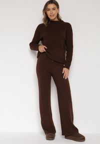 Born2be - Brązowy Dzianinowy Komplet z Bawełną i Wełną Długi Sweter i Szerokie Spodnie Reinesa. Kolor: brązowy. Materiał: wełna, bawełna, dzianina #1