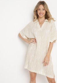 Born2be - Beżowa Sukienka z Bawełny i Lnu z Kołnierzykiem Bumstolia. Okazja: na co dzień. Typ kołnierza: dekolt w kształcie V. Kolekcja: plus size. Kolor: beżowy. Materiał: bawełna, len. Typ sukienki: proste, dla puszystych. Styl: casual #4