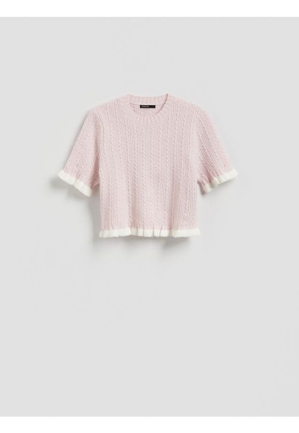 Reserved - Sweter z warkoczowym splotem - pastelowy róż. Kolor: różowy. Materiał: dzianina, wełna. Wzór: ze splotem