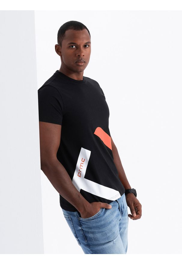 Ombre Clothing - Bawełniany męski t-shirt z kontrastowym dwukolorowym printem – czarny V1 - Rozmiar: L. Okazja: na co dzień. Kolor: czarny. Materiał: bawełna. Wzór: nadruk. Styl: casual