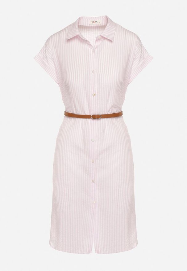 Born2be - Różowa Bawełniana Sukienka Koszulowa z Krótkim Rękawem i Paskiem w Talii Nulefia. Kolor: różowy. Materiał: bawełna. Długość rękawa: krótki rękaw. Typ sukienki: koszulowe. Styl: elegancki, klasyczny