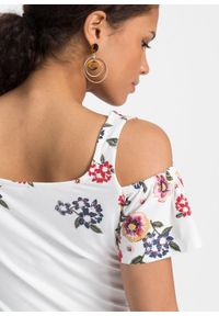 Shirt cold-shoulder z nadrukiem bonprix biel wełny w kwiaty. Kolor: biały. Materiał: wełna. Wzór: kwiaty, nadruk #7