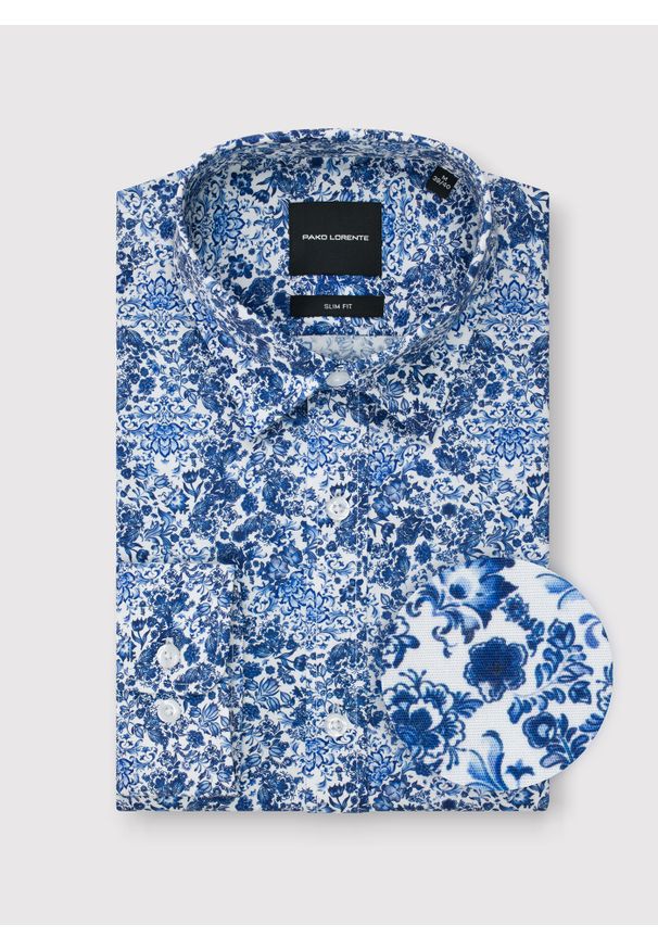 Pako Lorente - PAKO LORENTE - Koszula męska w niebieskie kwiaty. Typ kołnierza: kołnierzyk klasyczny. Kolor: niebieski. Materiał: bawełna, elastan. Długość rękawa: długi rękaw. Długość: długie. Wzór: kwiaty. Styl: młodzieżowy, klasyczny