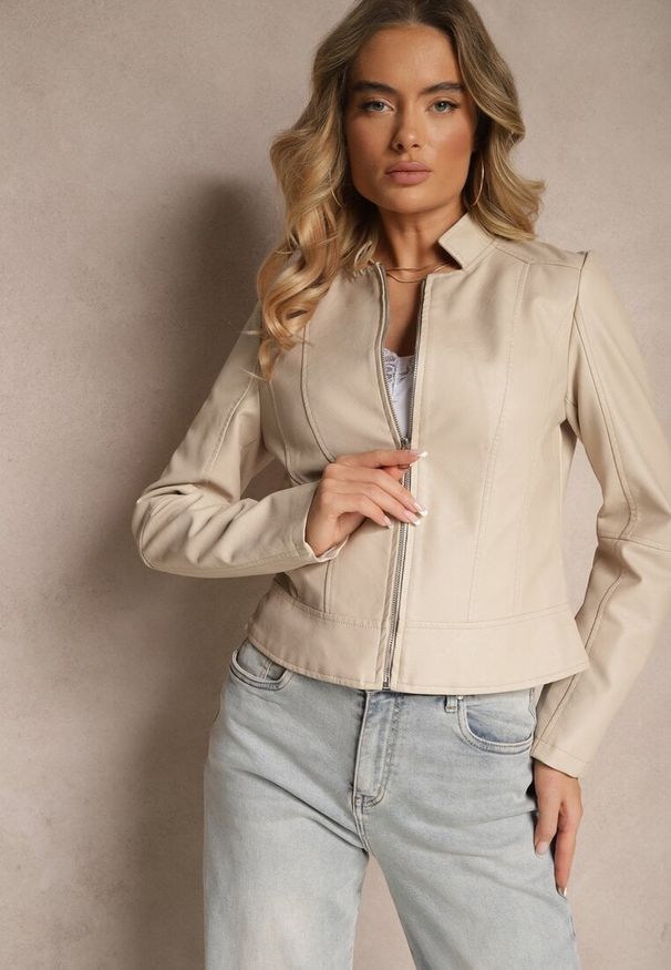 Renee - Beżowa Kurtka w Stylu Ramoneski Ilowina. Okazja: na co dzień. Kolor: beżowy. Styl: elegancki, casual