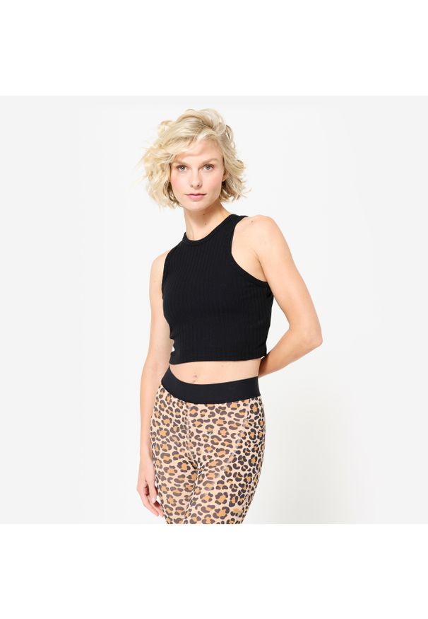 NYAMBA - Koszulka bez rękawów damska Domyos Gym & Pilates crop top. Kolor: czarny. Materiał: bawełna, materiał, elastan. Długość rękawa: bez rękawów. Sport: joga i pilates