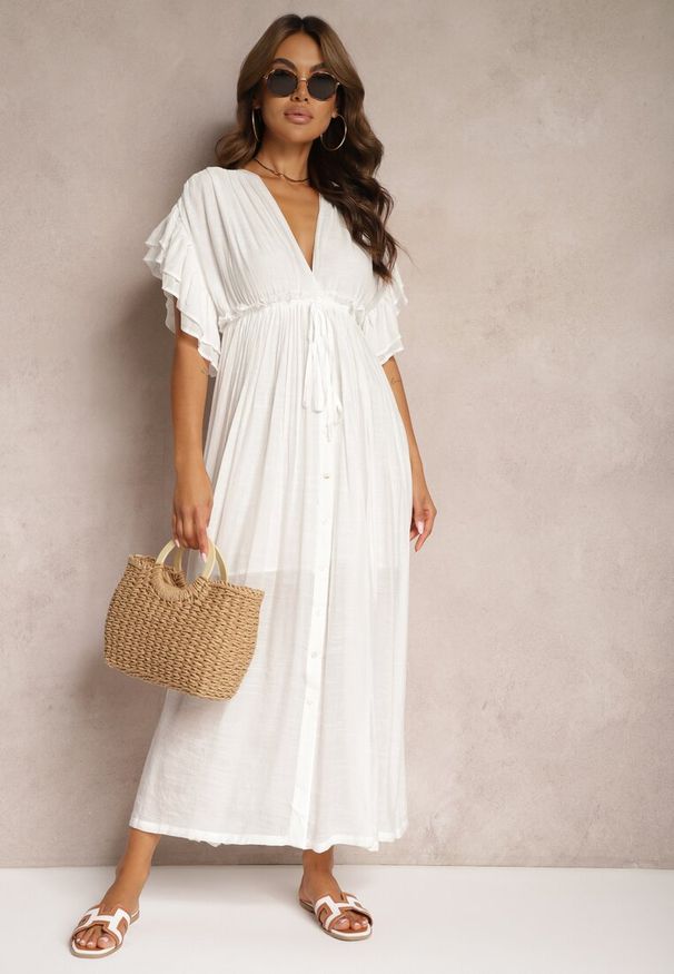 Renee - Biała Bawełniana Sukienka z Gumką w Talii i Falbankami Rivatia. Okazja: na co dzień. Typ kołnierza: kołnierz z falbankami. Kolor: biały. Materiał: bawełna. Długość rękawa: krótki rękaw. Sezon: wiosna, lato. Typ sukienki: proste. Styl: wizytowy, casual, elegancki