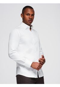 Ombre Clothing - Klasyczna męska koszula SLIM FIT z tkaniny satynowej – biała V1. Okazja: na spotkanie biznesowe, do pracy, na co dzień. Typ kołnierza: kołnierzyk klasyczny. Kolor: biały. Materiał: satyna, tkanina. Wzór: gładki. Styl: klasyczny #5