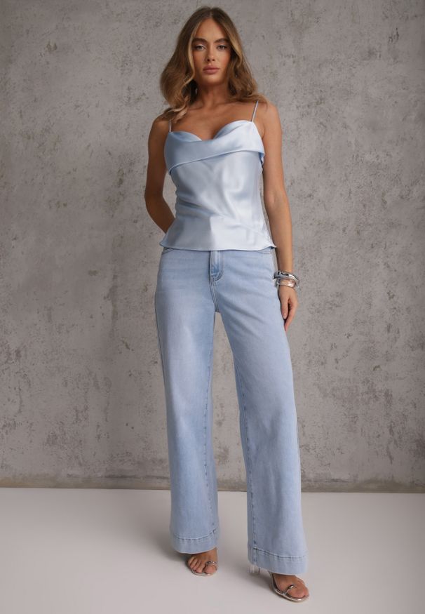Renee - Jasnoniebieskie Bawełniane Jeansy High Waist Wide Leg Heltora. Okazja: na co dzień. Stan: podwyższony. Kolor: niebieski. Długość: krótkie. Styl: klasyczny, casual
