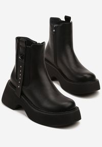 Born2be - Czarne Botki Sztyblety na Platformie z Metalicznymi Zdobieniami przy Cholewce Tulirina. Okazja: na co dzień. Zapięcie: zamek. Kolor: czarny. Materiał: jeans, skóra. Szerokość cholewki: normalna. Wzór: aplikacja. Obcas: na platformie. Styl: casual, rockowy #6