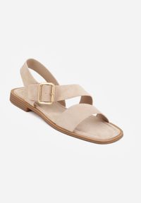 Born2be - Beżowe Płaskie Sandały z Asymetrycznym Paskiem i Dużą Klamrą Zellova. Okazja: na co dzień. Zapięcie: klamry. Kolor: beżowy. Materiał: zamsz, koronka. Styl: casual, elegancki #8