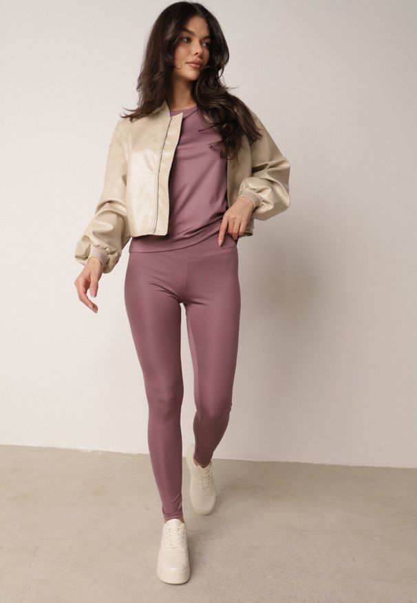 Born2be - Fioletowe Legginsy w Stylu Basic z Wyszczuplającym Pasem Samertes. Okazja: do pracy, na co dzień, na spacer. Stan: podwyższony. Kolor: fioletowy. Długość: krótkie. Styl: casual