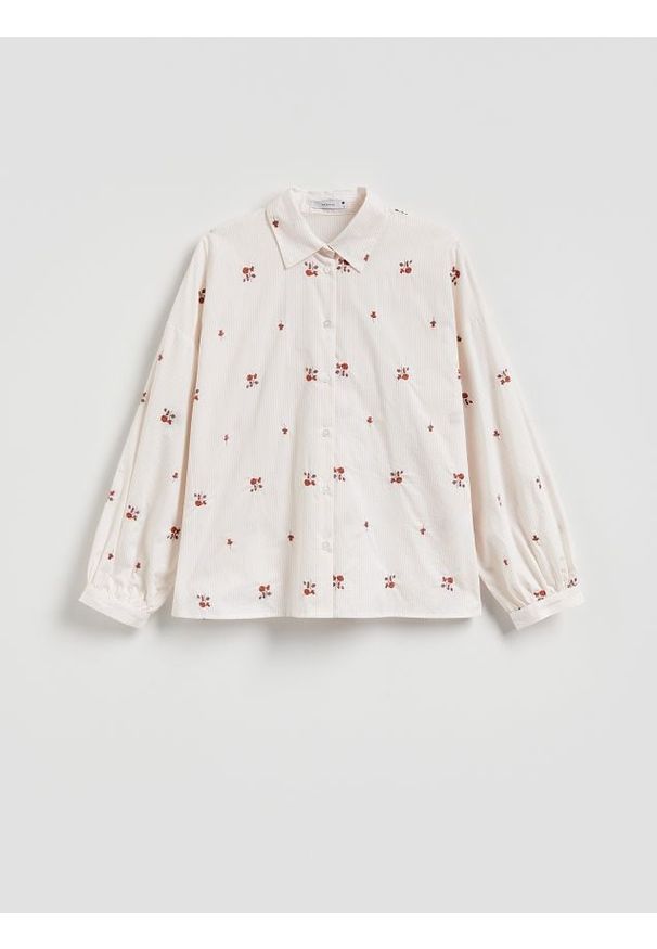 Reserved - Bawełniana koszula z haftem - beżowy. Kolor: beżowy. Materiał: bawełna. Wzór: haft